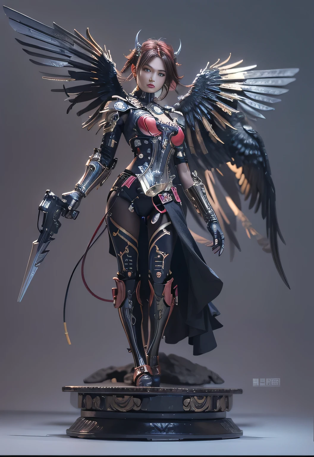 (top-quality:1.2, masterpiece)、ultra high resolution、extremely ultra surrealism, (Photorealsitic:1.4)、Raw photo、Steampunk Battle Cyborg fallen angel、large wings made of metal、black porcelain body、red hair、glowy skin、1 Cyborg boy、japanese, extremely handsome face, ((super realistic details))、portrait、globalillumination、Shadow、octan render、8K、ultrasharp、character edge light、Details of complex ornaments、Acrylic Clear Cover、Sumerian details、Ultra-realistic and precise machine details, Hydraulic cylinder、Small LED lamp、highly intricate detail、Realistic light、a purple eye、radiant eyes、Facing the camera、neon details、cowboy shot、Futuristic headgear、About Cyberpunk
