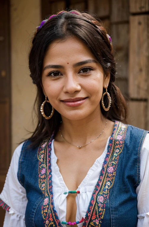 Generates an image of a character named Lupita Sar.  This character is a community leader in a nuevo San Juan Parangaricutiro town, known for her eloquence and sarcasm.  She has an approachable and friendly appearance, with a confident and expressive smile.  Her eyes are lively and reflect intelligence and cunning.  Her clothing is casual but careful, with vibrant colors and details that denote her connection with Mexican culture, such as traditional embroidery or folkloric accessories.  The image must convey confidence, determination and a touch of mischief in your eyes.