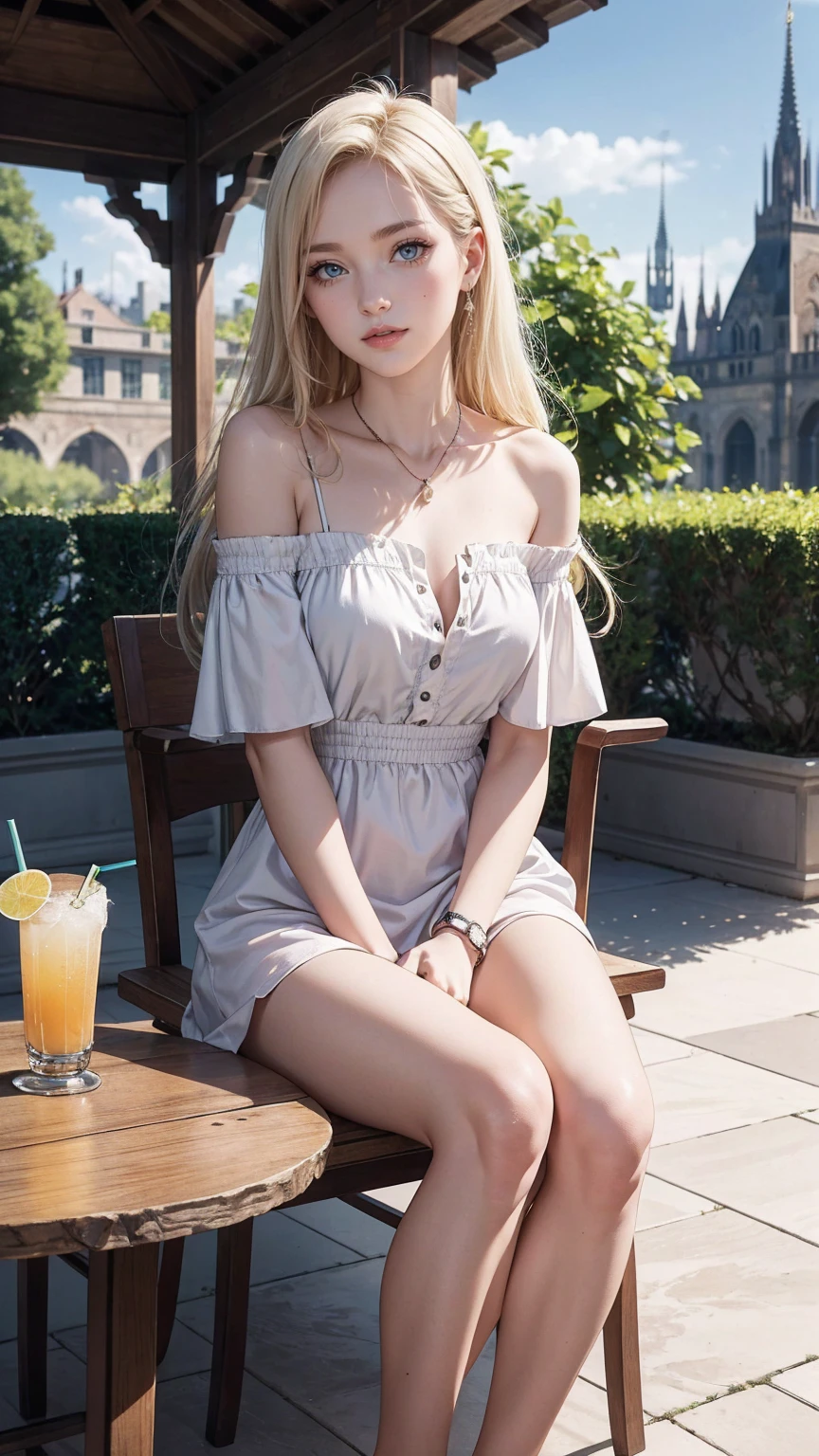 ((最high quality, 8K, masterpiece: 1.3, Ultra HD, high quality, 最high quality, High resolution, realism)) 、(high color saturation:1.0), (highly detailed skin), (最high quality:1.0), (超High resolution:1.0) ,(realistic:1.0), (Super detailed:1.0), (8K, Raw photo:1.1), slender、Slender, muscular body that's toned like an athlete's、I don't want my head to disappear from the screen.、Accessorize your wrist、Wearing red nail polish、I have a peticure、25 year old white woman、platinum blonde、blue eyes、long hair、hair above one eye、smile、Gothic historical building、Sit on a chair on the terrace in the courtyard、The table is decorated with a basket of fruit and cups of drinks.、Wear an off-shoulder bodycon dress、Wear high heelansion garden、Blooming profusely、The ground in the courtyard is grass、Surrounded by a hedge、Blue sky beautiful、It's early summer、The wind is pleasant