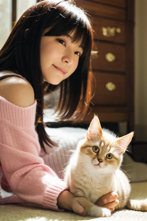 A super beautiful Japanese woman playing with a kitten