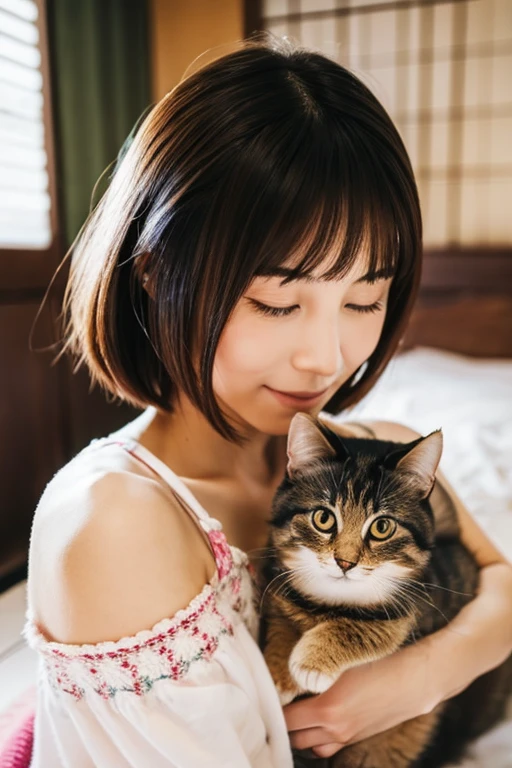 A super beautiful Japanese woman playing with a kitten