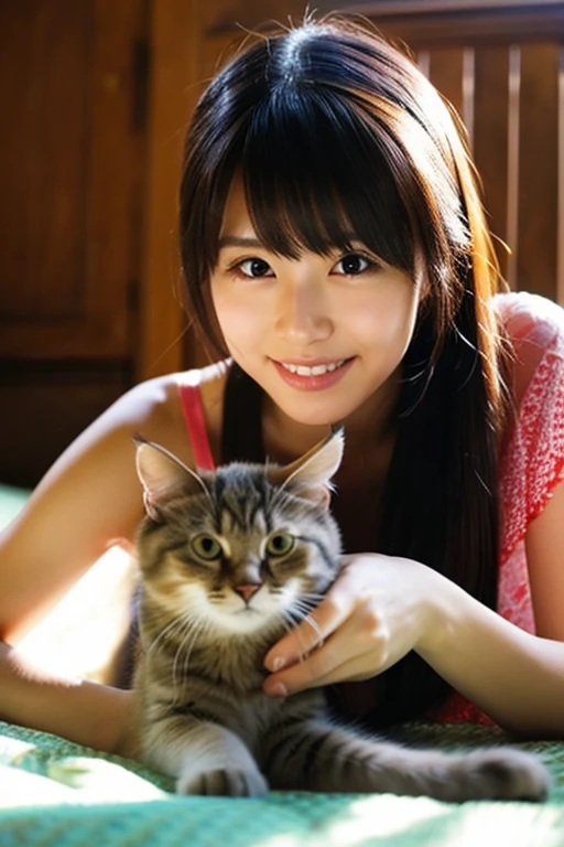 A super beautiful Japanese woman playing with a kitten