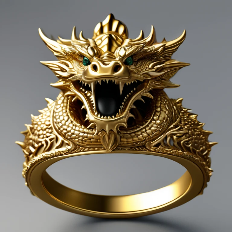 a close-up of a golden metal ring with a dragon, highly detailed rendering, crown rendering, metal ring, shiny surface, engraved pattern, silver color, reflective, high resolution, detailed and delicate craftsmanship, jewelry, high-detail cinema 4 d, cinema4d rendering, highly detailed perfect rendering, hyper realistic detailed rendering, intricate details, smooth texture,