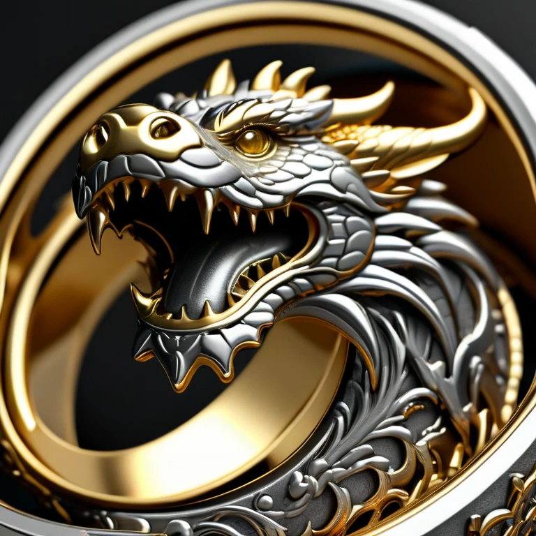 a close-up of a golden metal ring with a dragon, highly detailed rendering, crown rendering, metal ring, shiny surface, engraved pattern, silver color, reflective, high resolution, detailed and delicate craftsmanship, jewelry, high-detail cinema 4 d, cinema4d rendering, highly detailed perfect rendering, hyper realistic detailed rendering, intricate details, smooth texture,