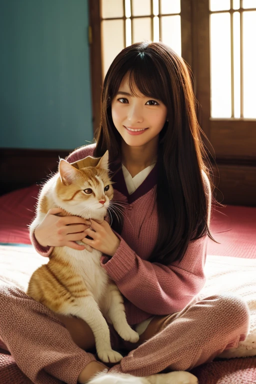 A super beautiful Japanese woman playing with a kitten