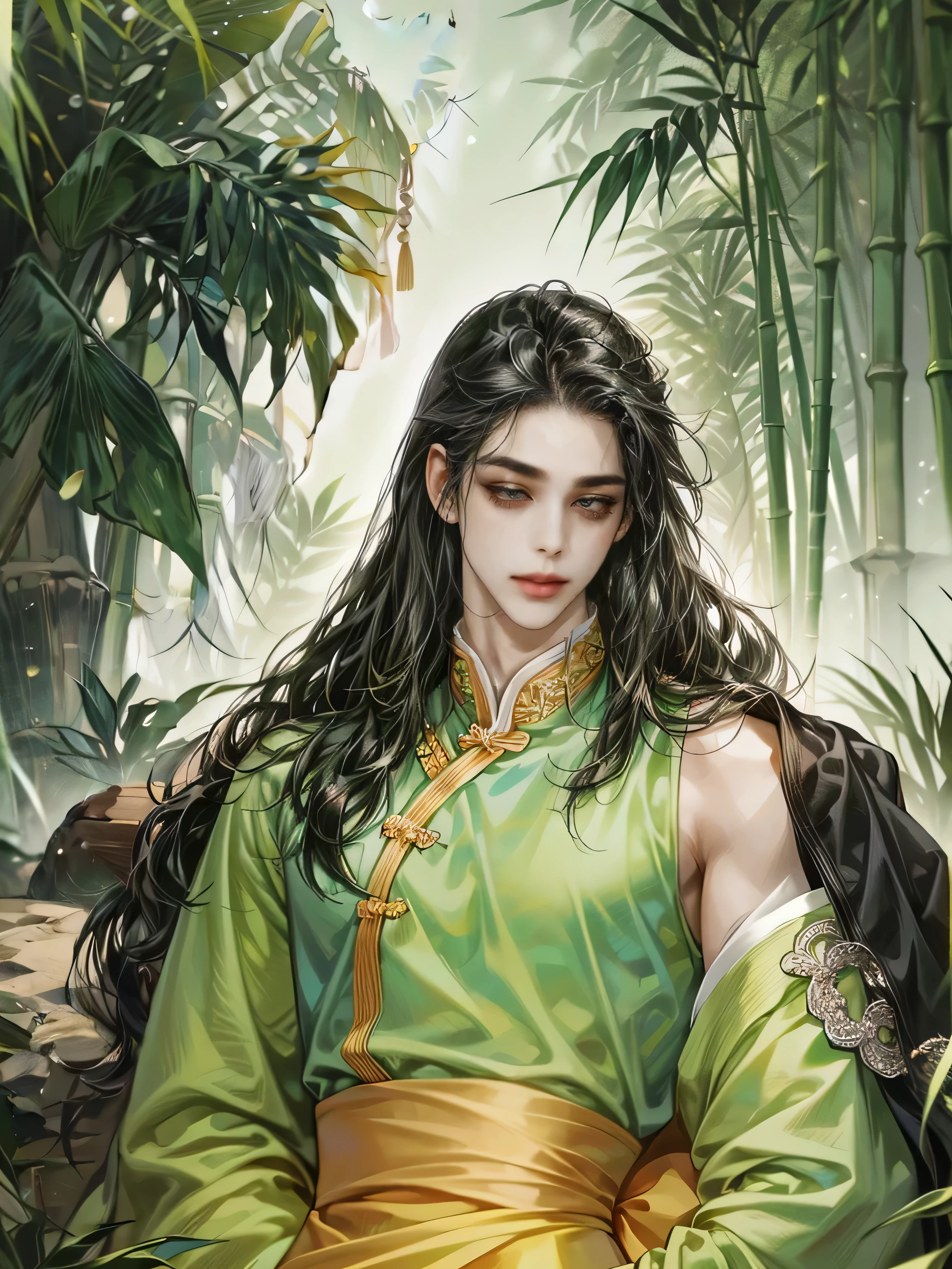 A painting of a woman in a green and yellow dress - SeaArt AI