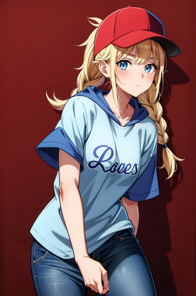 a woman in baseball gear posing for a picture dressed in jeans and a t-shirt, 1girl, solo, blonde hair, hat, blue eyes, baseball cap, long hair, shirt tucked in, braid, short sleeves, red background, hood, blush, ponytail, looking at viewer, bangs, closed mouth, blue headwear