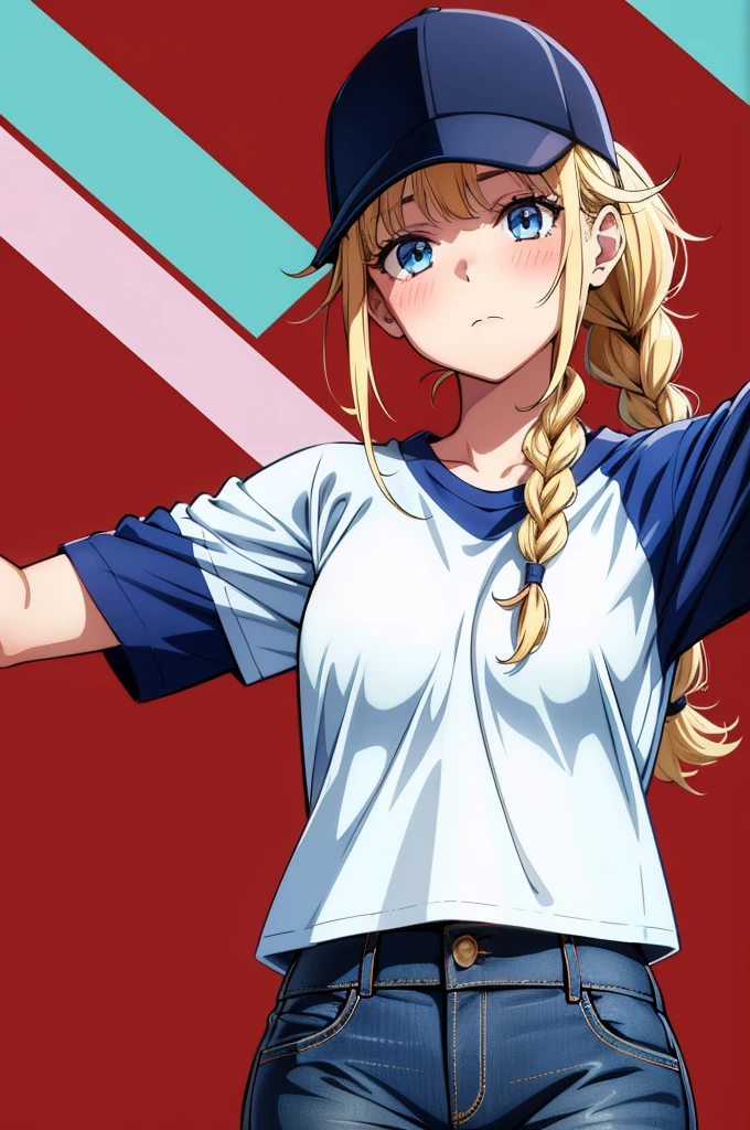 a woman in baseball gear posing for a picture dressed in jeans and a t-shirt, 1girl, solo, blonde hair, hat, blue eyes, baseball cap, long hair, shirt tucked in, braid, short sleeves, red background, hood, blush, ponytail, looking at viewer, bangs, closed mouth, blue headwear