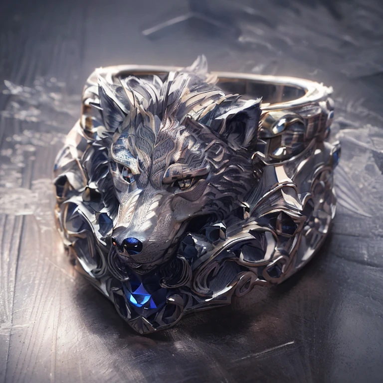 Masterpiece, highest quality, (Nothing but the ring), (No Man), ring set with (Carved wolf head in platinum:1.8), sapphire set eyes, Damaskin alloy material, winding from end to end, delicate silver ring, soft light mist, gloss, positive image, sparkling blue purple stones, elegant noble, simple background