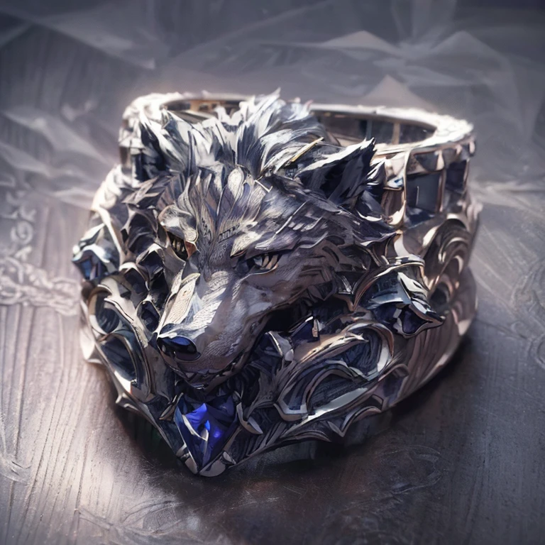 Masterpiece, highest quality, (Nothing but the ring), (No Man), ring set with (Carved wolf head in platinum:1.8), sapphire set eyes, Damaskin alloy material, winding from end to end, delicate silver ring, soft light mist, gloss, positive image, sparkling blue purple stones, elegant noble, simple background