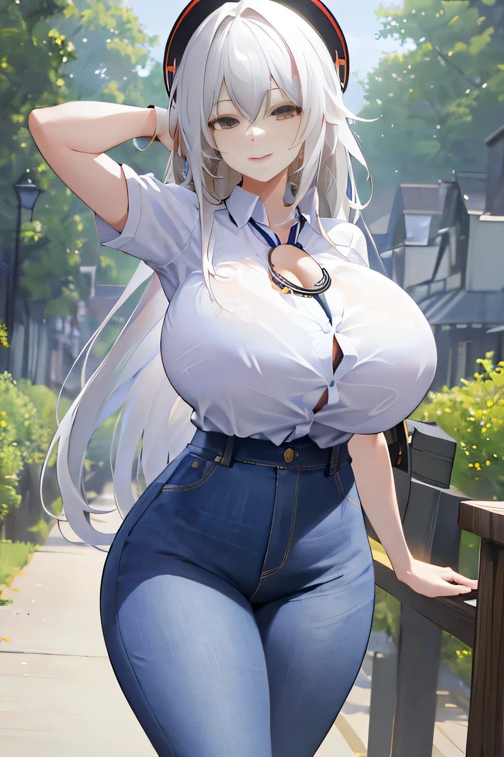 ('Best quality, Masterpiece, 8K,A picture_comparing,huge tit,(A MILF:1),long white hair,telephone,cellular phone,smartphone,Handheld,pic',),sideboob,from behind,botanical garden,shirt tucked in,Blue jeans, smile,tented shirt,lying,in the afternoon