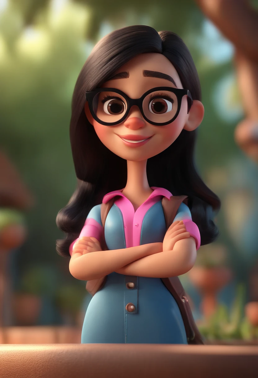 Cartoon character of a girl with pink glasses and blue shirt,long black hair with slings animation character, personaje estilizado, animation style rendering, 3D estilizado, Arnold Maya renderizado, Render 3D estilizado, Toon render keyshot, Personaje 3D, Personaje 3D, Stylized 3D rendering, renderizado de personajes 3d, personaje animado, Close-up character, Pose del personaje, (Estilo Pixar) (parte maestra:1.2) (bokeh) (Mejor calidad) (piel detallada) (textura detallada) (8K) (arcilla) (cinematic lighting) (sharp focus