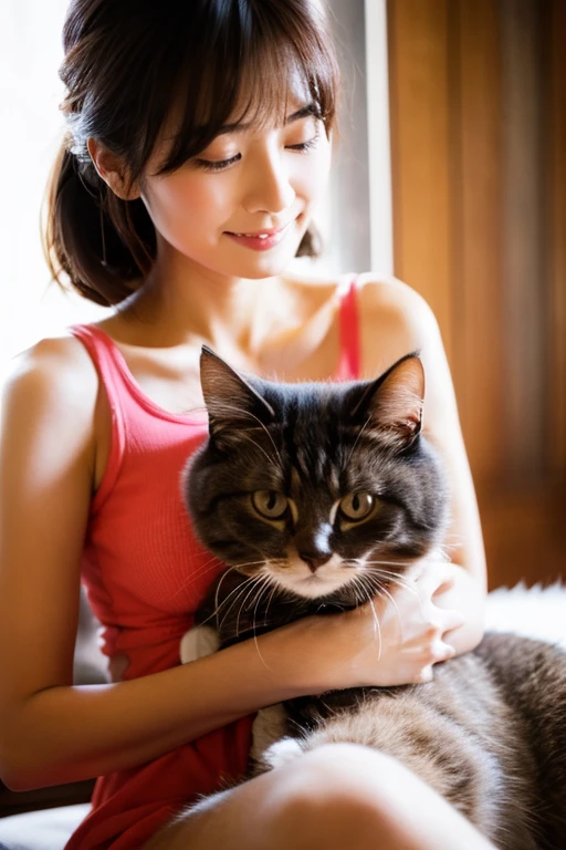 cute girl petting a cute cat