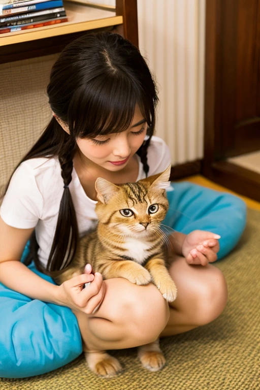 A super beautiful Japanese woman playing with a kitten