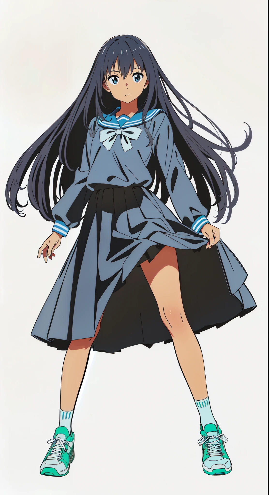 (tareme:1.5), (white background:1.0), (best quality:1.0), (masterpiece:1.0), (super fine illustration:1.0), (beautiful artwork:1.0), (anime screencap:1.0), (official art:1.0), (solo:1.0), (JHSGA:1.0), (a 15yo cute girl:1.0), (long skirt:1.0), (dark blue skirt:1.0), (pleated skirt:1.0), (dark blue sailor uniform:1.0), (long sleeve sailor uniform:1.0), (sneakers:1.0), (white socks:1.0), (ideal ratio body proportions:1.5), (lanky:1.5), (tall:1.5), (slender:1.5), (small breasts:1.5), (smaller face:1.5), (tareme:1.0), (detailed beautiful eyes:1.0), (detailed beautiful face:1.0), (glowing black eyes:1.0), (medium hair:1.0), (black hair:1.0), (standing:1.0), (looking at viewer:1.0)