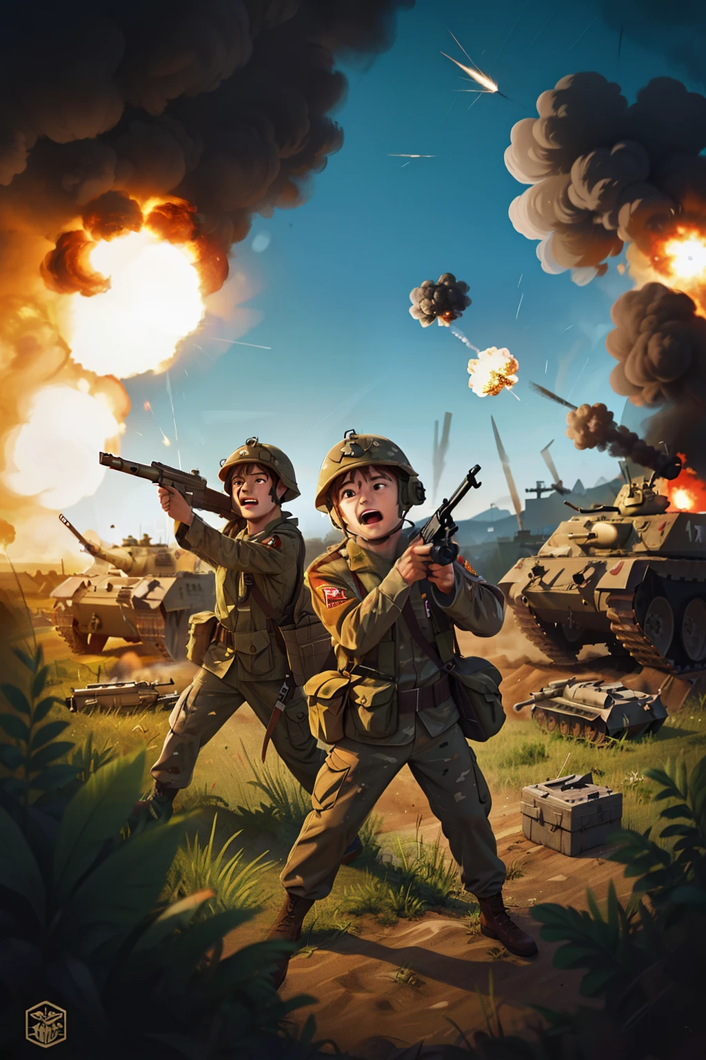 With explosions on the horizon, there are soldiers in a trench with guns on their shoulders. Tanks are coming on both sides and generals are shouting orders
