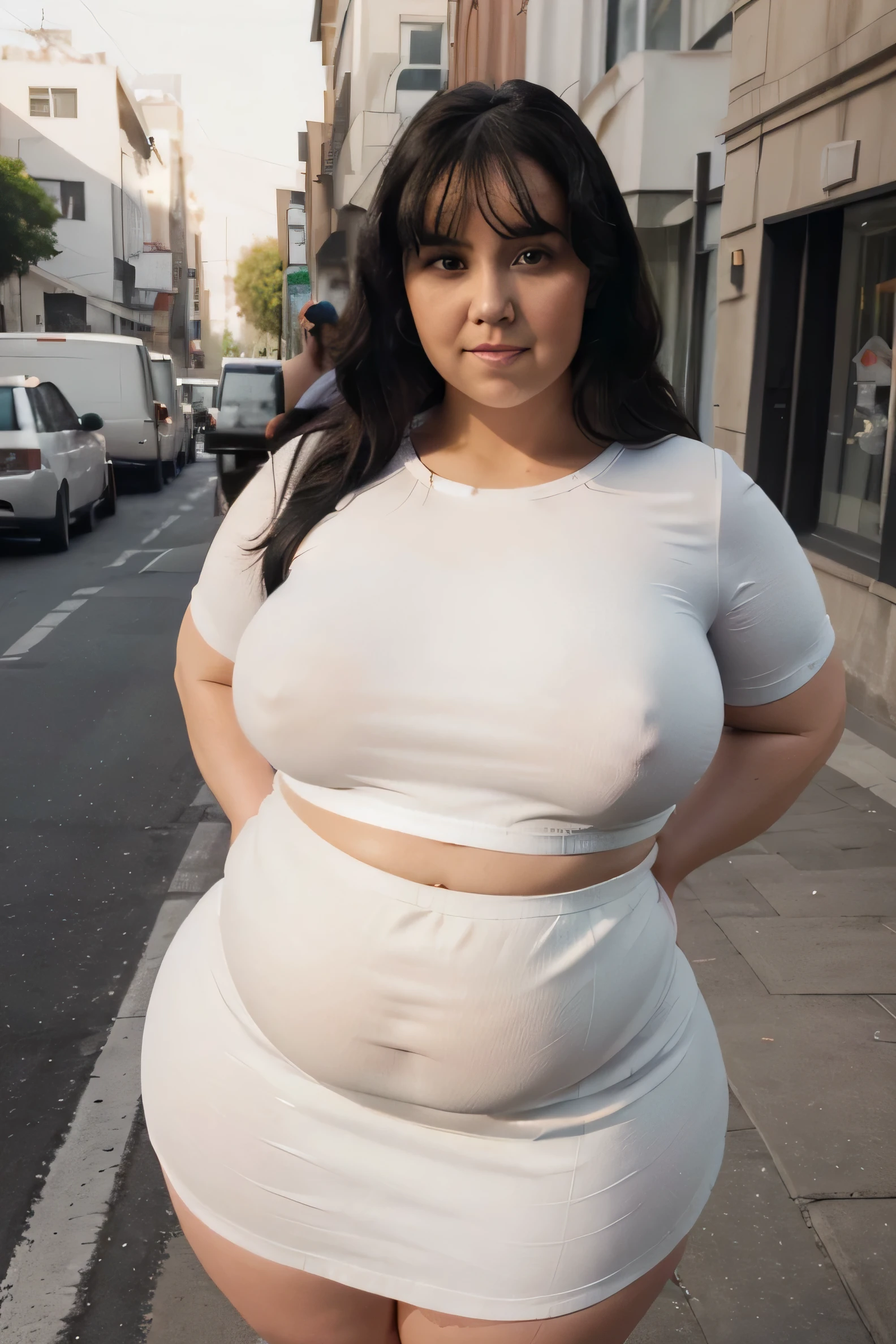 (detailed), perfect face (((full body shot))), ((chubby lady:1.4)) , (plump lady:1.4), (black straight hair), round ass, wide hips, (wearing white cloth t-shirt), (straight black latex skirt), bare legs, smile, standing at the street, (((whole body visible)))