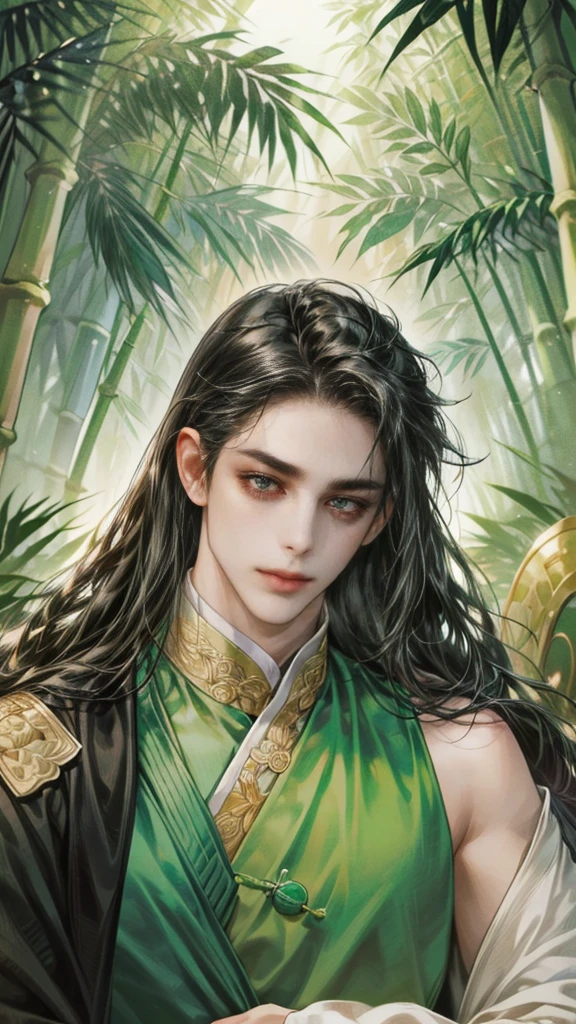  beautiful youth, a bright smile,All green clothing,(absurdres, highres, ultra detailed, HDR), masterpiece, best quality, (1 boy) , boy character ,((Thick ,black, long hair)),beautiful face,detailed interior, detailed character,((man)),(male in bamboo forest), black hair,he smile,1man,the house of ancient China, beautiful man with long black hair and black eyes,((solo man)),long hair,((he has a Big eyes, charming lips, slim nose and small face)),he has a slander shape,(thin body),position,ponytied it with accessories,(Men with small, narrow shoulders),ponytied it with accessories,one boy