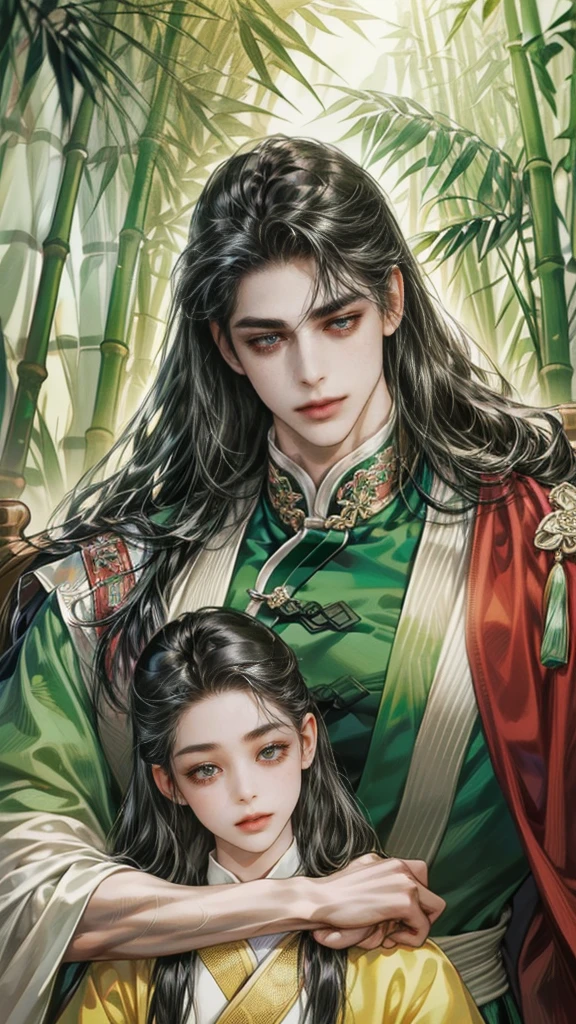 beautiful youth, a bright smile,All green clothing,(absurdres, highres, ultra detailed, HDR), masterpiece, best quality, (1 boy) , boy character ,((Thick ,black, long hair)),beautiful face,detailed interior, detailed character,((man)),(male in bamboo forest), black hair,he smile,1man,the house of ancient China, beautiful man with long black hair and black eyes,((solo man)),long hair,((he has a Big eyes, charming lips, slim nose and small face)),he has a slander shape,(thin body),position,ponytied it with accessories,(Men with small, narrow shoulders),ponytied it with accessories,one boy