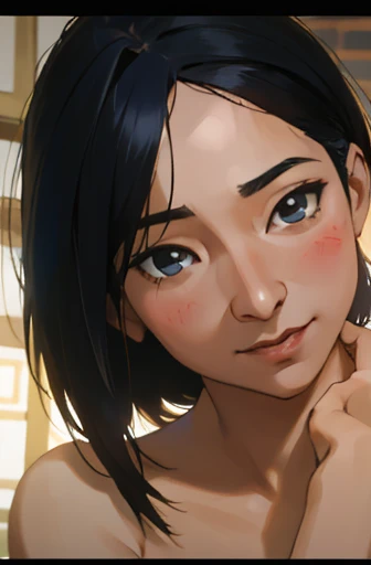 Risa, black haired japanese girl, short black hair, sitting in classroom in uniform , cute, beautiful, realistic style, highly detailed, 4k, look at camera, face close-up, ((golden ratio, center frame)), (((RISA))), face in center of picture ((NUDE)), (looking away from camera), laughing