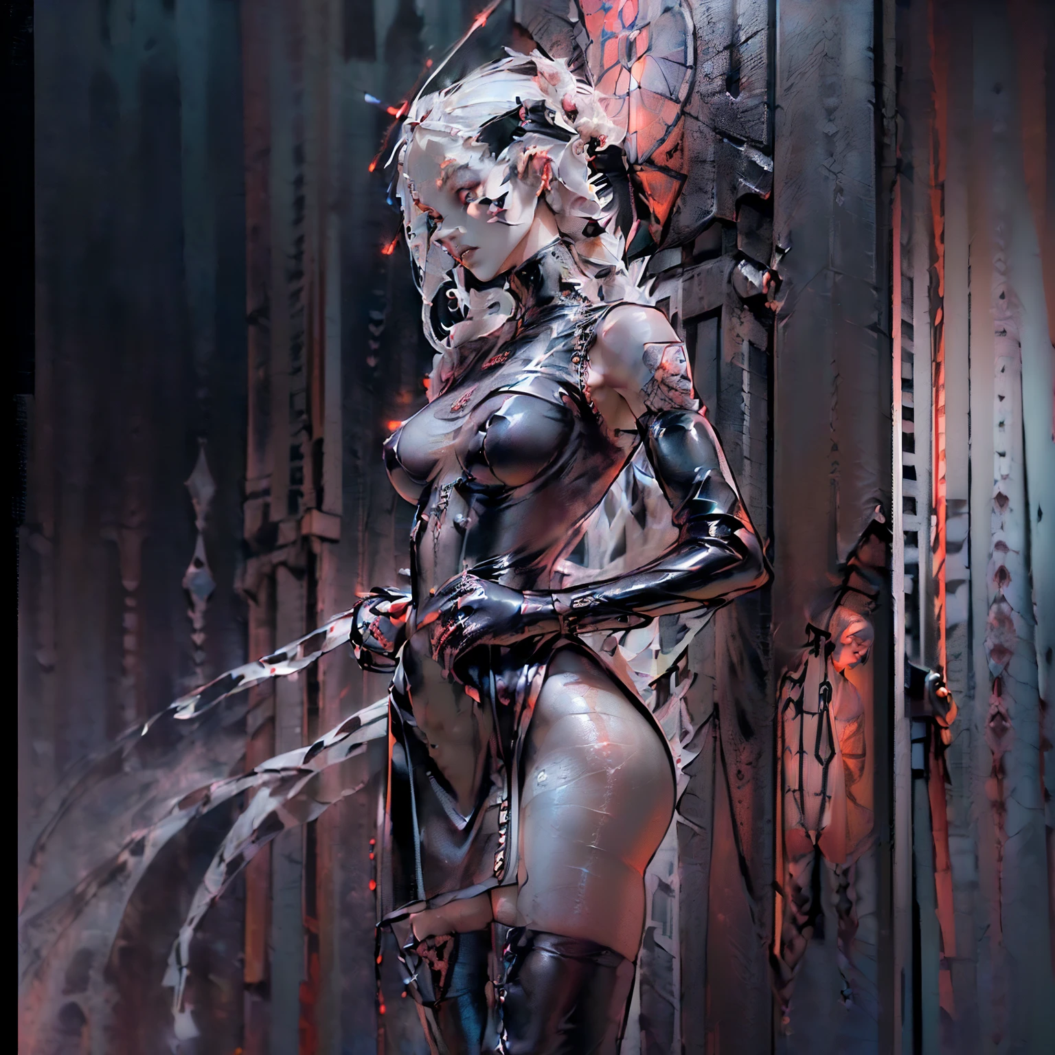 (((Create one girl 16+ years old.), (realistic), (close-up), (stands all tall)), ((Dark and mysterious), (Night, rain blood, gothic anime girl)))_(( (Gothic unusual masterpiece of art)),((ominous clouds, hauntingly beautiful, ethereal moonlight, eerie shadows))_((Beautiful figure, half-turn 16+ years),(realistic)),((small peach breasts, graceful figure, narrow waist, smooth hips)),((long double braids),(tight braids), (braided hair),(dark hair)),((red lips)), ((smile)))_ ((((Shiny skin:1.5, white skin, light skin: 1.5)),((sexy),(erotic),(cute),(nsfw)))_(((Bare shoulders, black lace dress)),(((black chiffon dress, very short dress, tight-fitting), (black), (transparent lace dress)),((stands almost completely naked, tattoos)))_(((Arms in elbow pads, palms in tactical gloves),(bare thighs, stomach )),((legs in combat knee pads, thigh-high stockings)), ((chunky leather lace-up boots)))_(((Impressive artistry, exquisite detail, dramatic lighting, vibrant red hues, stunning red and black flowers), ( ominous flowers, strange symbols, surreal elements))_((Strong contrasts, eerie, artistic masterpiece, detailed textures, dark color palette, foreboding horror)))_(((Digital painting, anime style, cyberpunk), (best quality ,4k, high resolution, masterpiece: 1.2)),((ultra detail)),((realistic, photorealistic, photorealistic: 1.37)))_(((Soft clear shapes, broad strokes, attention to detail)))_( ((High quality, 16K | Ultra HD | Full HD))).