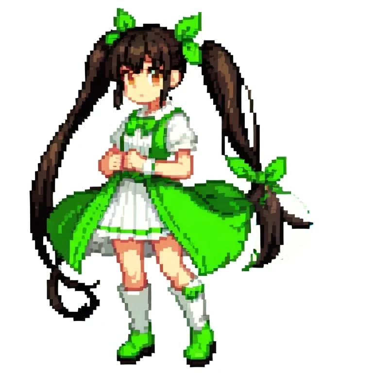 masterpiece , best quality , pixel art , 1 girl , light green clothes , full body , white background, brown eyes, black hair, white boots, nobility, twin tail hair, one human, green ribon