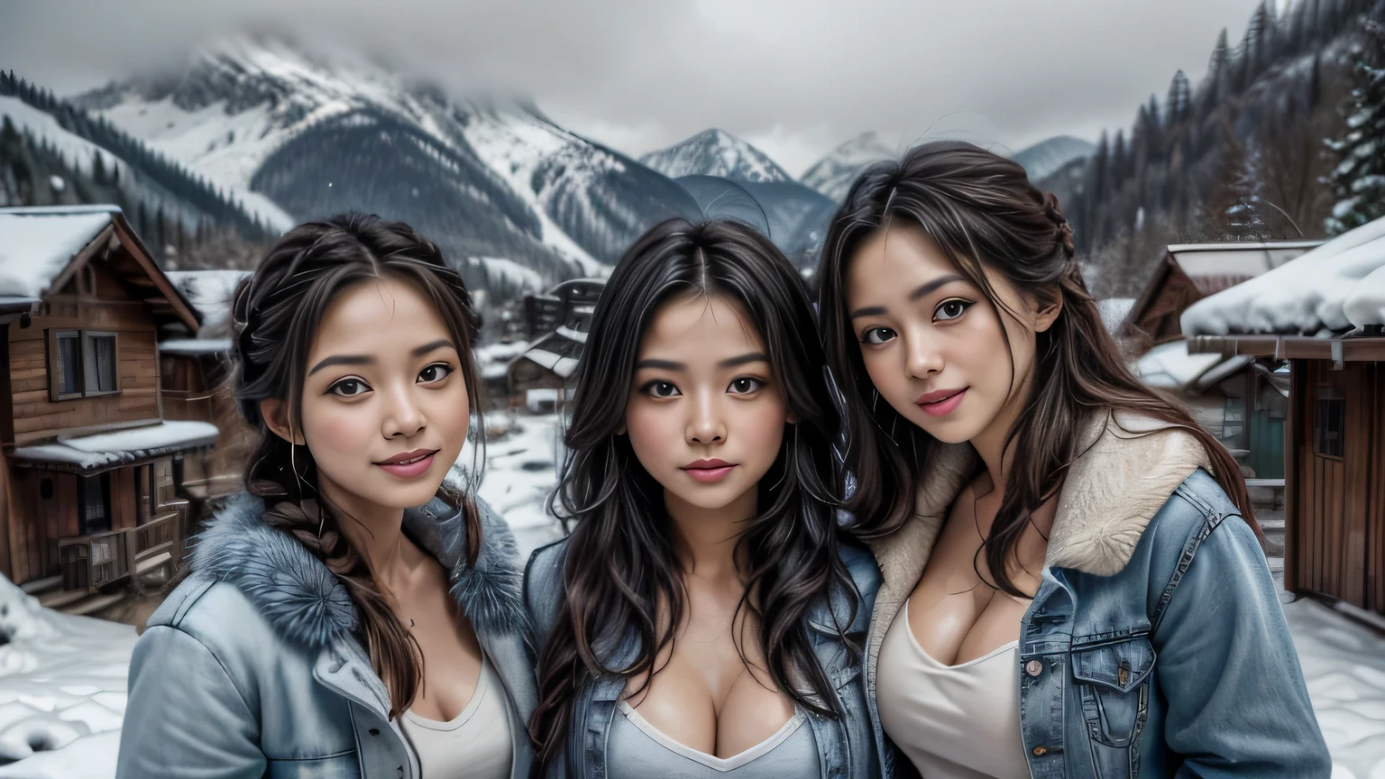 Best quality, masterpiece, Beautiful, 3 young latina women, sisters, looking straight at viewer, hands on shoulders, wearing simple shirt and jeans, open blue fur jacket on top, posing on mountain village, professionalism, , detailed face, detailed body, symmetric face, happy laughing faces, big cute eyes, cute faces, dynamic pose, deep cleavage, perfect anatomy, photorealistic, curvy body, braid hair, 8k, ultra realistic, widescreen desktop wallpaper, foggy winter mountain village background, snowy, ambient occlusion