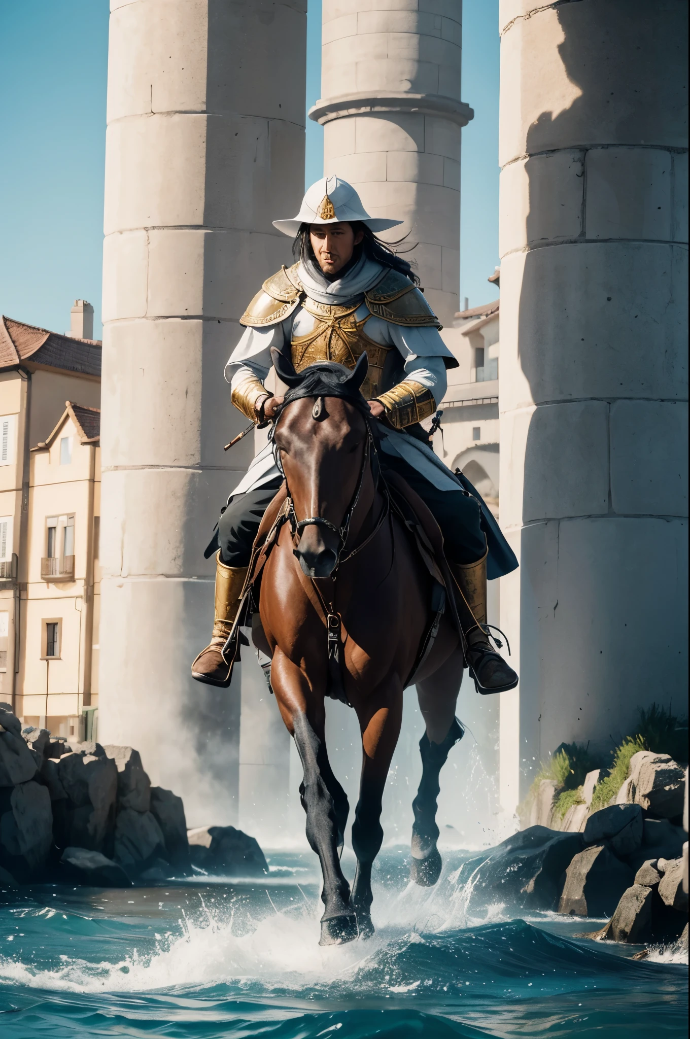 8K,white wallとオレンジ色の屋根で統一された港町,Landscapes of medieval Europe,A large square and fountain in the center of town,masterpiece,Photorealistic RAW photos of the highest quality。bright colors,rich colors, Backlight, cinematic lighting, film grain, to be born, 50MM lens, Nikon D850,realistic skin,fantasy art,character art,ultra high resolution,white wall,Homer,beautiful sea,beautiful expression,Big port,空から見たBig port町の風景,people coming and going々,