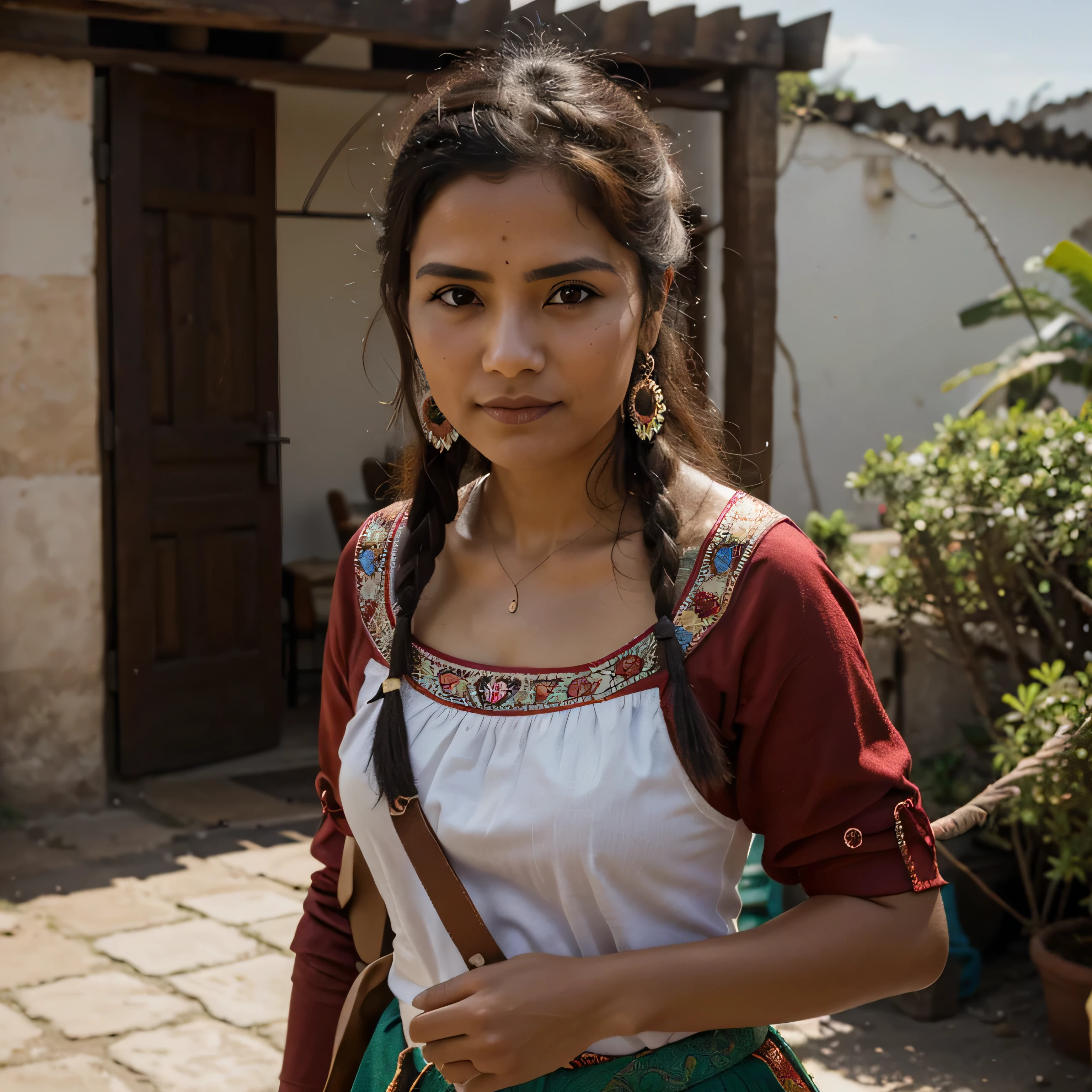 Genera una imagen de un personaje llamado Lupita Sar. This character is a community leader in a Mexican town, conocido por su elocuencia y sarcasmo. Tiene una apariencia accesible y amigable, con una sonrisa segura y expresiva. Sus ojos son vivaces y reflejan inteligencia y astucia. Su vestimenta es casual pero cuidada, with vibrant colors and details that denote its connection with Mexican culture, such as traditional embroidery or folk accessories. La imagen debe transmitir confianza, determination and a touch of mischief in his eyesScreenshot from 70 mm film, google artes y culturas, 2 0 1 5 Cinematography, corrimiento al rojo de brom, wuxia  