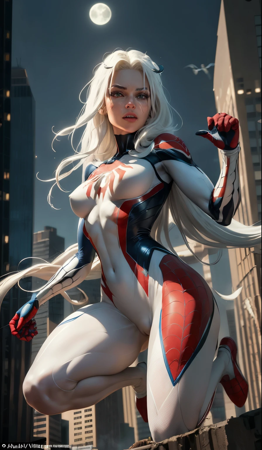 (Masterpiece, 4k resolution, ultra-realistic, very detailed), (White superhero theme, charismatic, there's a girl on top of town, wearing Spider-Man costume, she's a superhero), [ ((25 years), (long white hair:1.2), full body, (blue eyes:1.2), ((Spider-Man pose),show of strength, jumping from one building to another), ((sandy urban environment):0.8)| (cityscape, at night, dynamic lights), (full moon))] # Explanation: The Prompt mainly describes a 4K painting of ultra-high definition, very realistic, very detailed. It shows a superheroine at the top of the city, wearing a Spider-Man costume. The theme in the painting is a white superhero theme, the female protagonist has long white hair, is 25 years old and her entire body is shown in the painting. In terms of portraying the actions of superheroines, spiders are employed