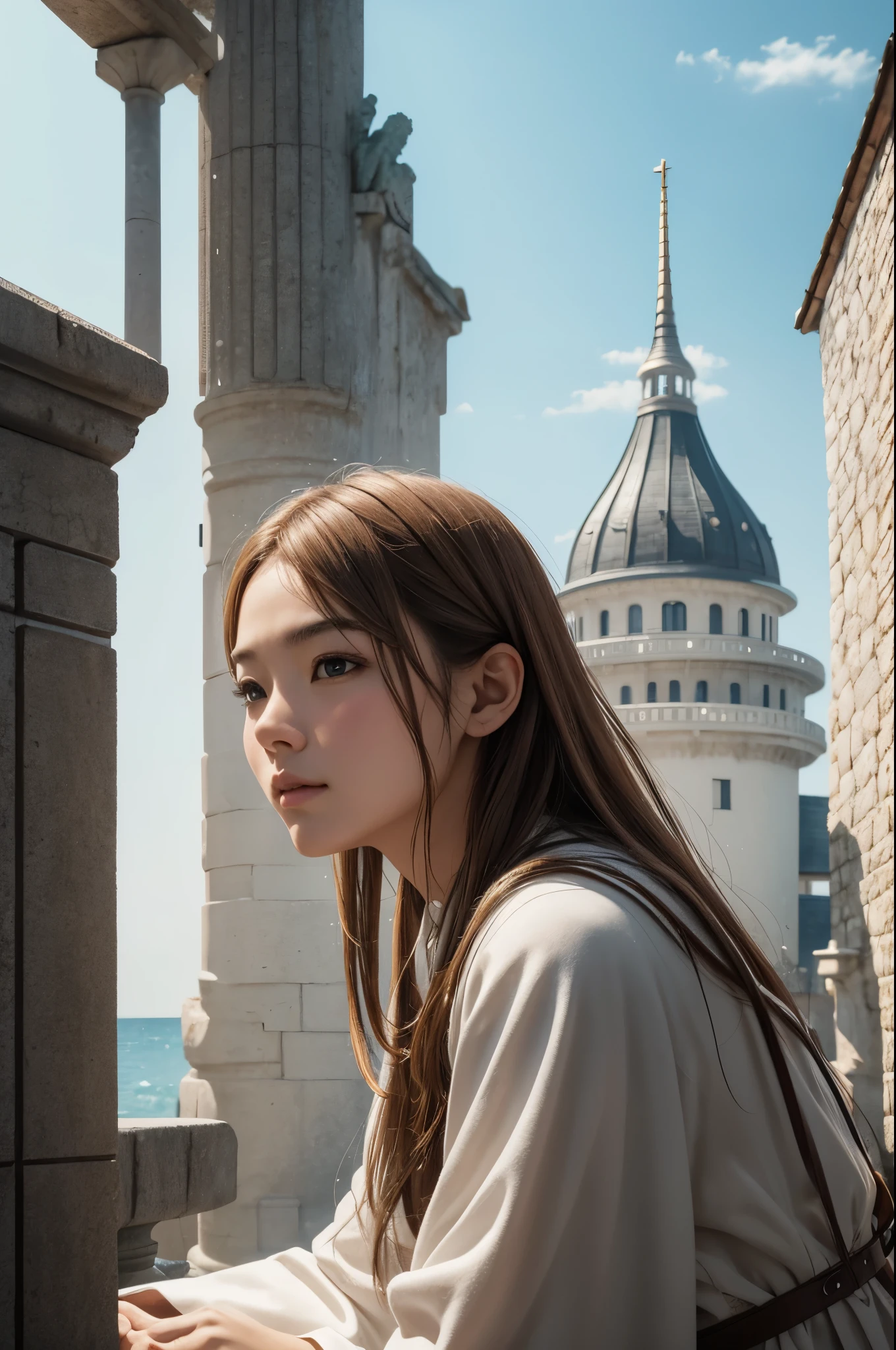 8K,white wallとオレンジ色の屋根で統一された港町,Landscapes of medieval Europe,A large square and fountain in the center of town,masterpiece,Photorealistic RAW photos of the highest quality。bright colors,rich colors, Backlight, cinematic lighting, film grain, to be born, 50MM lens, Nikon D850,realistic skin,fantasy art,character art,ultra high resolution,white wall,Homer,beautiful sea,beautiful expression,Big port,空から見たBig port町の風景,people coming and going々,