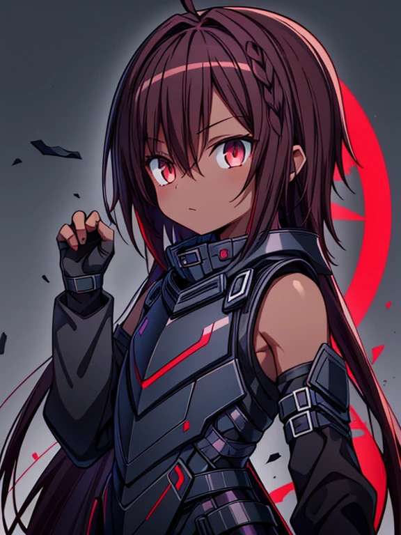 Masterpiece High res, high definition, male dark skin, cute shota,red eyes, dark brown hair, medium dark brown hair,wearing a black exoskeleton, detached sleeves, black armoured Gauntlets, black tech jacket,black bodysuit, black exoskeleton, black fingerless gloves, blue gems, 
