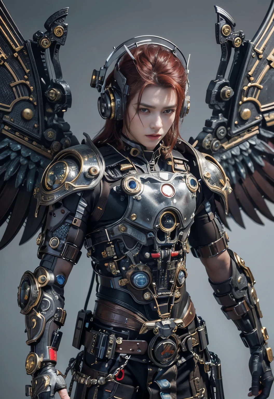 (top-quality:1.2, masterpiece)、ultra high resolution、extremely ultra surrealism, (Photorealsitic:1.4)、Raw photo、Steampunk Battle Cyborg fallen angel、large wings made of metal、black porcelain body、red hair、glowy skin、1 Cyborg boy、japanese, extremely handsome face, ((super realistic details))、portrait、globalillumination、Shadow、octan render、8K、ultrasharp、character edge light、Details of complex ornaments、Acrylic Clear Cover、Sumerian details、Ultra-realistic and precise machine details, Hydraulic cylinder、Small LED lamp、highly intricate detail、Realistic light、a purple eye、radiant eyes、Facing the camera、neon details、cowboy shot、Futuristic headgear、About Cyberpunk