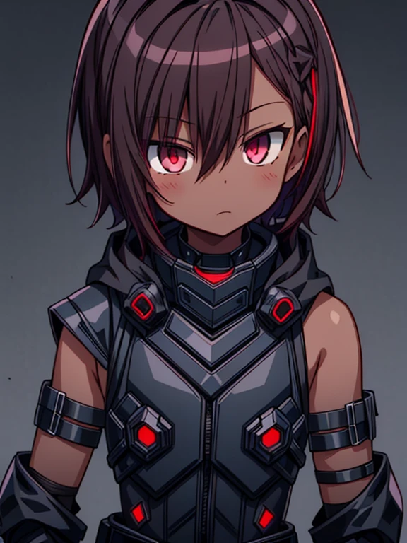 Masterpiece High res, high definition, male dark skin, cute shota,red eyes, dark brown hair, medium dark brown hair,wearing a black exoskeleton, detached sleeves, black armoured Gauntlets, black tech jacket,black bodysuit, black exoskeleton, black fingerless gloves, blue gems, 
