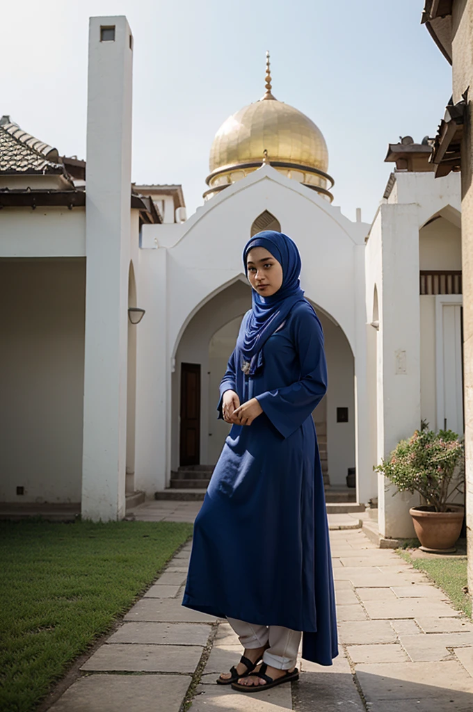 23 year old Indonesian girl wearing a hijab, long blue Muslim mukena, very elegant clothes, standing in the yard of an Indonesian mosque, camera angle long shot, real