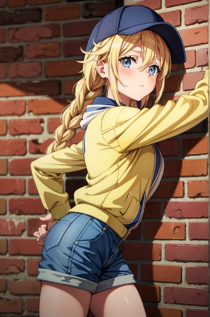 a cartoon picture of a girl with blonde hair and blue eyes standing next to a brick wall in a building holding a baseball, 1girl, solo, braid, blonde hair, twin braids, shorts, blue eyes, hat, pantyhose, jacket, baseball cap, long hair, long sleeves, breasts, blush, yellow shorts