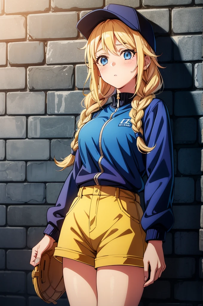 a cartoon picture of a girl with blonde hair and blue eyes standing next to a brick wall in a building holding a baseball, 1girl, solo, braid, blonde hair, twin braids, shorts, blue eyes, hat, pantyhose, jacket, baseball cap, long hair, long sleeves, breasts, blush, yellow shorts