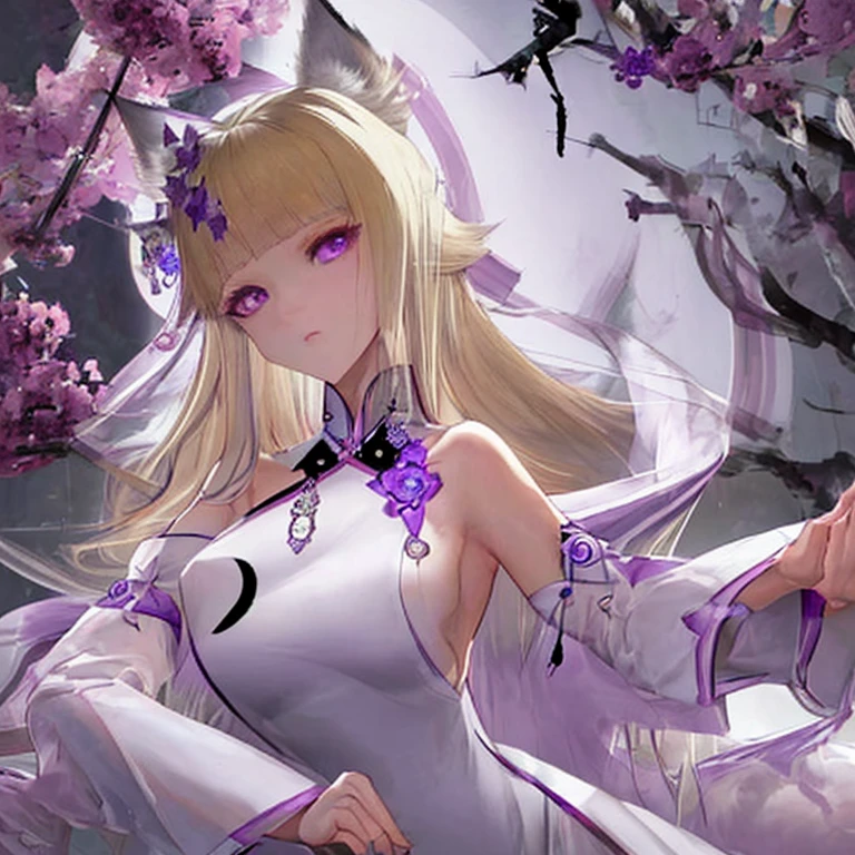 blonde、long hair、fox ears、purple eyes、Beauty、(White Chinese dress with open shoulders and exposed shoulders)、fantastic background、looking at the camera、white coat、whole body、