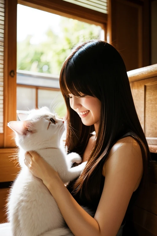 A super beautiful Japanese woman playing with a kitten