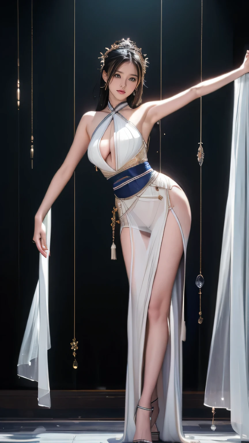 highest quality,masterpiece,ultra high resolution,(realistic:1.4),Xiuxian,arm,detailed face, 1 girl,alone,arm,cleavage,(magic circle:1.2),Xiuxian,Upper body,beautiful girl,(full body:1.4),full body,huge breasts,east asian architecture,sheath,architecture,, ((15 year old girl, slim, thin waist, thin thighs, thin arm)), ((raise your arm, Please show me your armpits)), ((I can see your breasts)), ((Wet and transparent clothes)), ((transparent clothes)),crotch crack