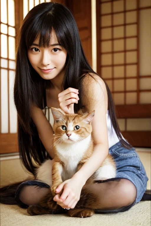 A super beautiful Japanese woman playing with a kitten