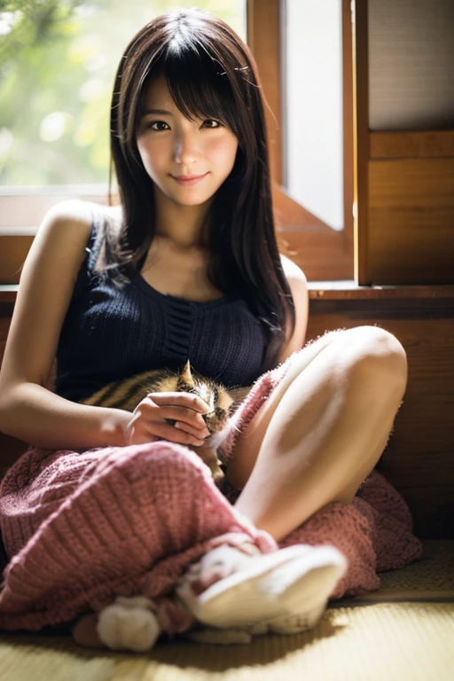 A super beautiful Japanese woman playing with a kitten