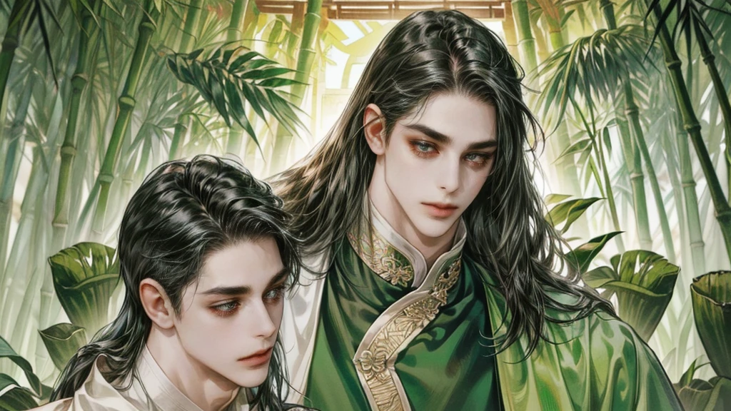 beautiful youth, a bright smile,All green clothing,(absurdres, highres, ultra detailed, HDR), masterpiece, best quality, (1 boy) , boy character ,((Thick ,black, long hair)),beautiful face,detailed interior, detailed character,((man)),(male in bamboo forest), black hair,he smile,1man,the house of ancient China, beautiful man with long black hair and black eyes,((solo man)),long hair,((he has a Big eyes, charming lips, slim nose and small face)),he has a slander shape,(thin body),position,ponytied it with accessories,(Men with small, narrow shoulders),ponytied it with accessories,(one boy),eyes fogus