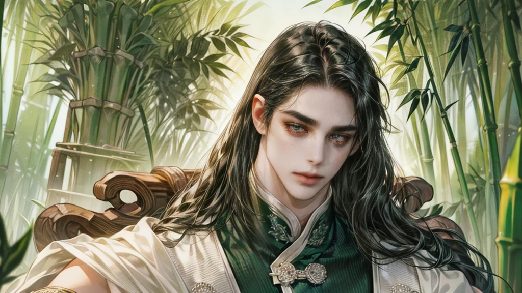 beautiful youth, a bright smile,All green clothing,(absurdres, highres, ultra detailed, HDR), masterpiece, best quality, (1 boy) , boy character ,((Thick ,black, long hair)),beautiful face,detailed interior, detailed character,((man)),(male in bamboo forest), black hair,he smile,1man,the house of ancient China, beautiful man with long black hair and black eyes,((solo man)),long hair,((he has a Big eyes, charming lips, slim nose and small face)),he has a slander shape,(thin body),position,ponytied it with accessories,(Men with small, narrow shoulders),ponytied it with accessories,(one boy),eyes fogus