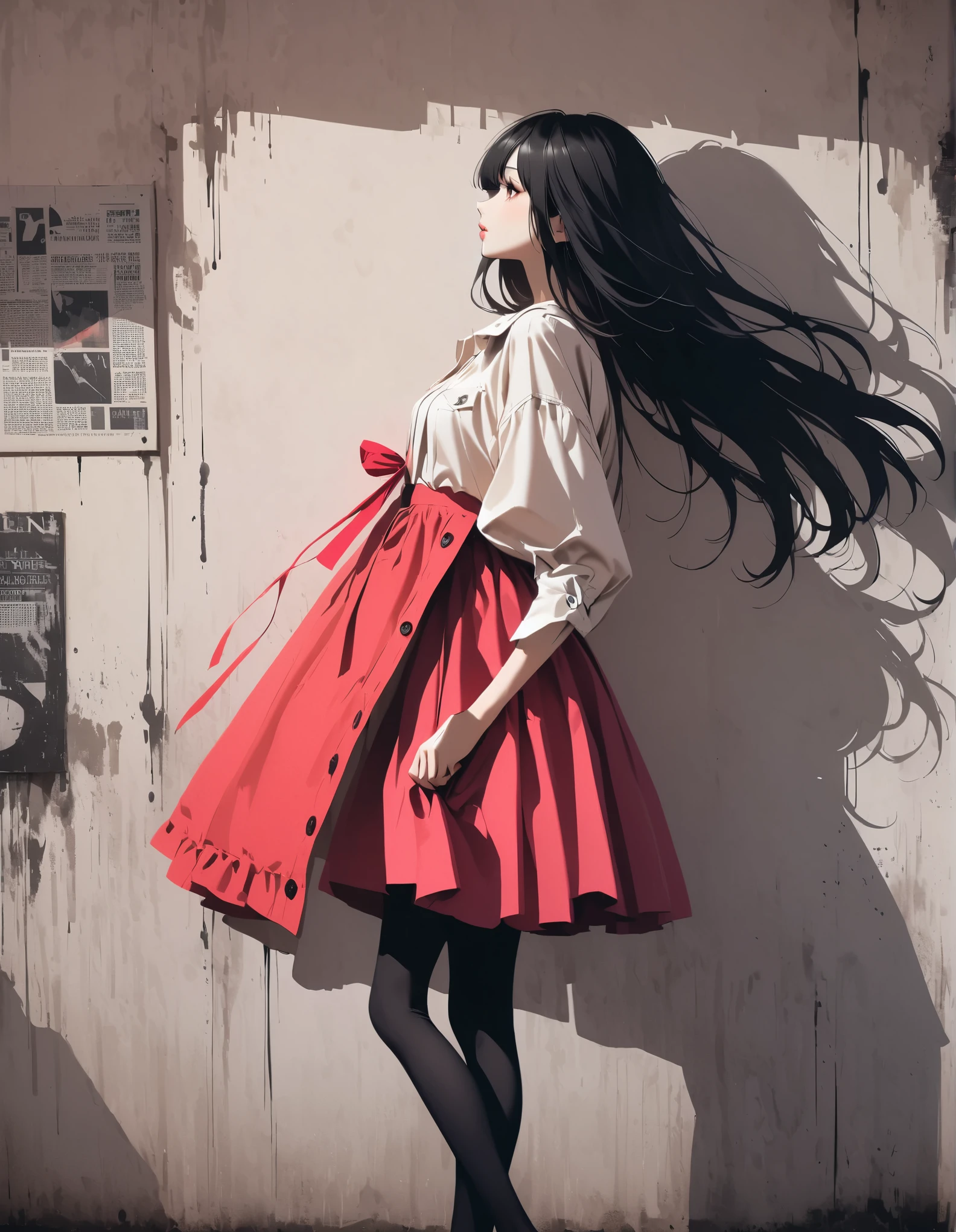 in style of Filip Hodas, character, ink art, side view ，(better quality, outline:1.2),realist,illustration，long hair girl, delicate lips, red skirt, (Newspaper wall background：1.3),neon hair, Retro Style, (black bob hair:1.75 neon lights:1.32), , dark shadow