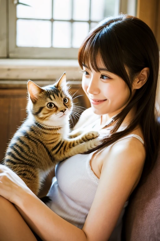 A super beautiful Japanese woman playing with a kitten