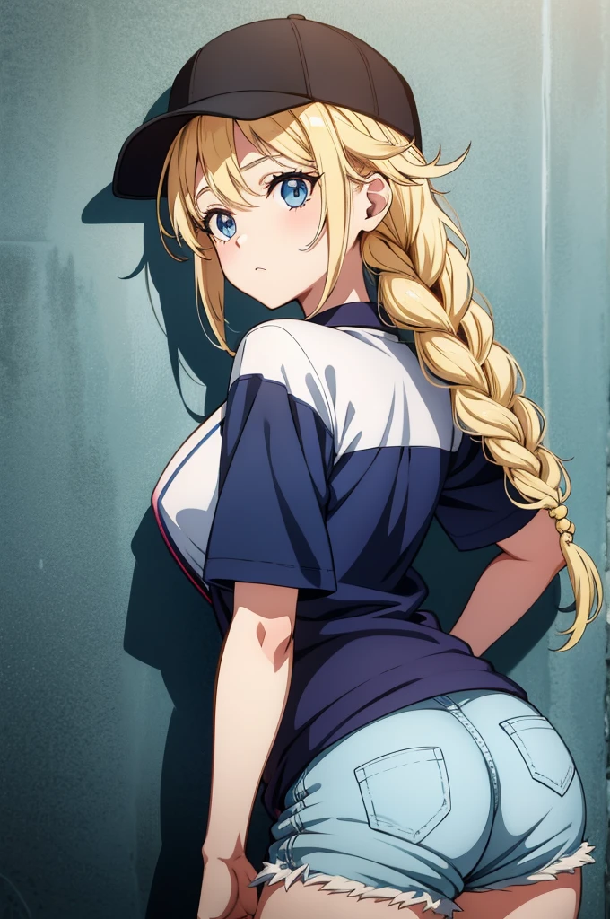 a beautiful woman wearing a hat and skirt posing in front of a brick wall covered with writing on it, 1girl, ass, solo, skirt, hat, thighhighs, braid, against wall, looking at viewer, blue eyes, twin braids, shirt, long hair, no panties, baseball cap, looking back, bangs, short sleeves, pleated skirt, jewelry, graffiti
