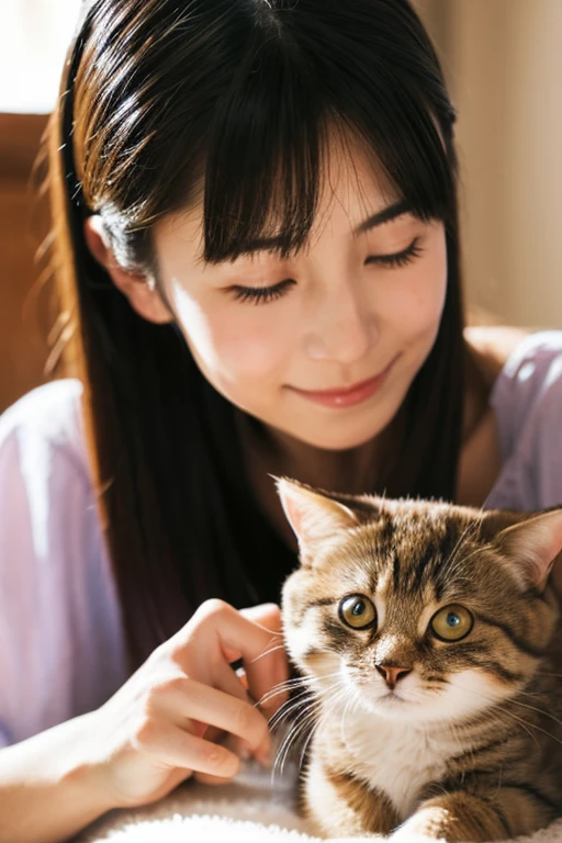 A super beautiful Japanese woman playing with a kitten