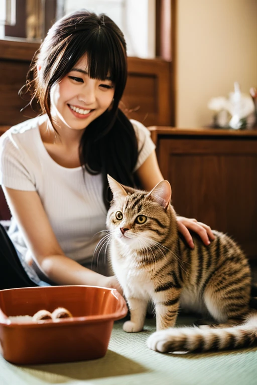 A super beautiful Japanese woman playing with a kitten