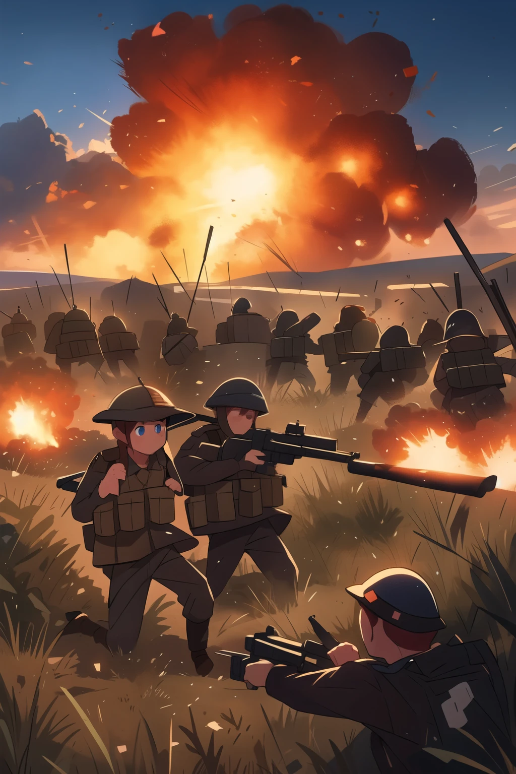 With explosions on the horizon, there are soldiers in a trench with guns on their shoulders. Tanks are coming on both sides and generals are shouting orders